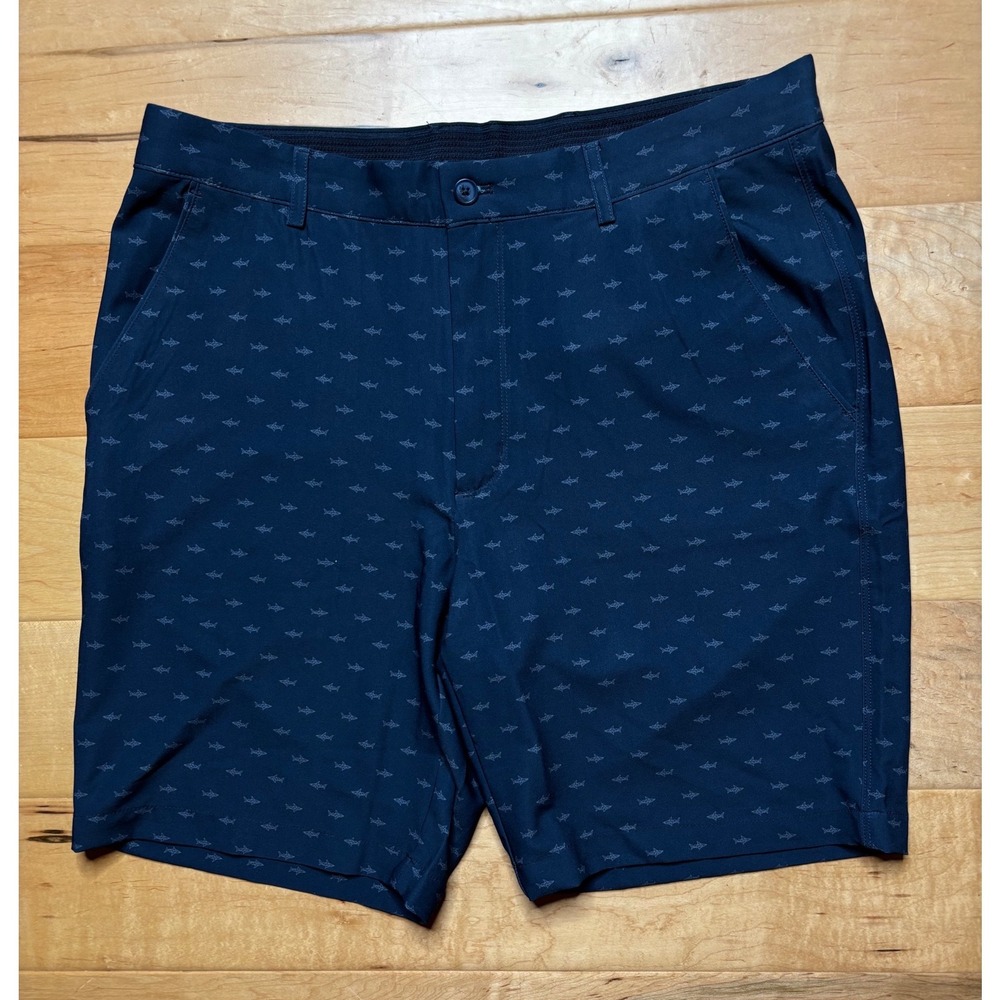 Greg Norman Golf Shorts Men 34 Navy Blue Shark Print Performance Stretch